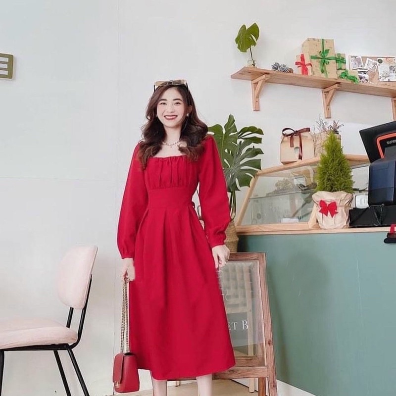 Đầm dự tiệc đỏ tay dài cổ vuông nơ lưng phong cách tiểu thư