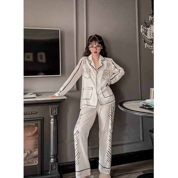 ❤️PIJAMA DÀI DÀI TRẮNG VIỀN ĐEN SANG CHẢNH 149