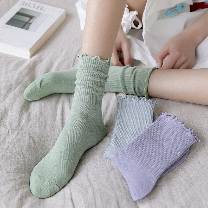Set 4 đôi Tất bèo nhún cổ cao nhiều màu phong cách Hàn Quốc cổ điển cho nữ