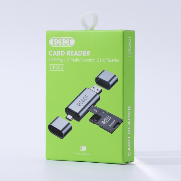 Thiết Bị Đọc Thẻ Nhớ SD/ MicroSD ROBOT CR202 Hai Đầu Type-C Và USB 3.0 Tốc Độ Truyền Cao - Vỏ Kim Loại Nhôm Cao Cấp