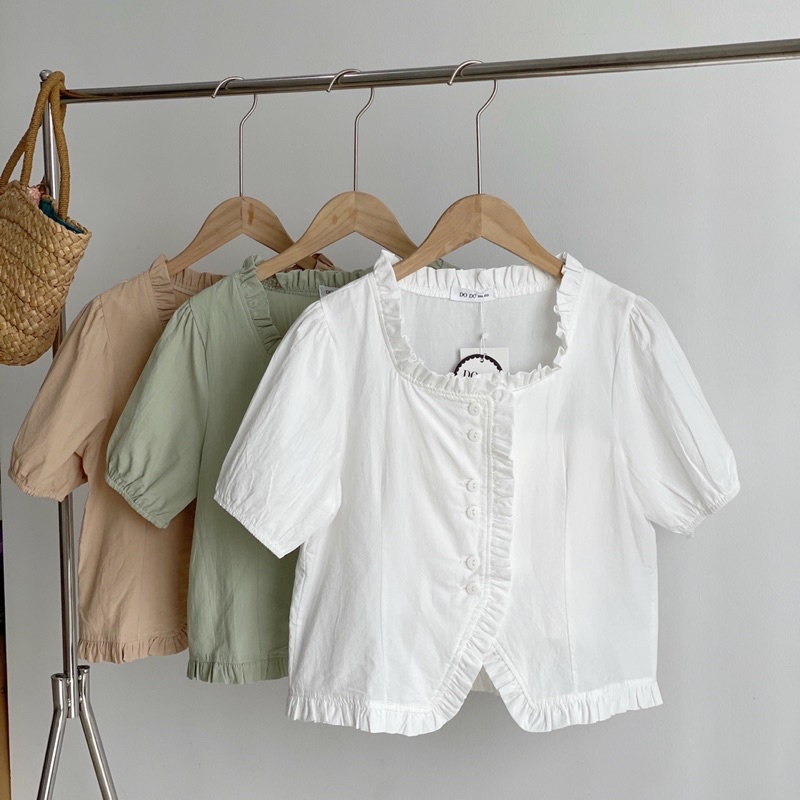 Áo sơ mi nữ kiểu Ulzzang Hàn Quốc cộc tay dáng suông Basic viền bèo cài khuy lệch cách điệu Vintage 2022