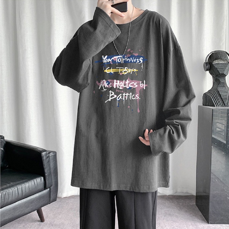 【M-5XL】Áo thun tay dài cổ tròn dáng rộng in chữ thiết kế đơn giản thoải mái thời trang mùa đông Nhật Bản cho nam
