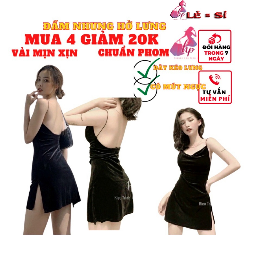 Đầm váy nữ bản 2 dây ôm body nhung mềm mịn hở lưng có mút ngực xẻ tà ngắn cực sang chảnh dự tiệc | BigBuy360 - bigbuy360.vn