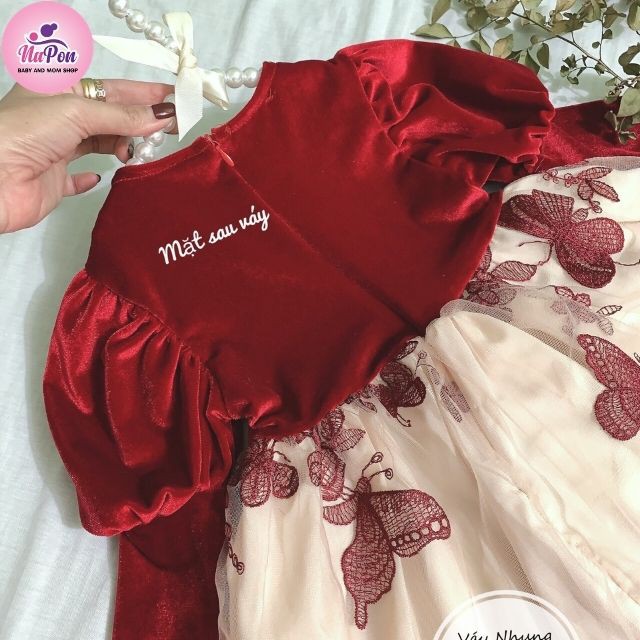 [HÀNG XỊN] Váy dài tay cho bé, váy nhung đỏ tay bồng điệu đà, chân váy ren bướm là món quà cho bé yêu dịp giáng sinh