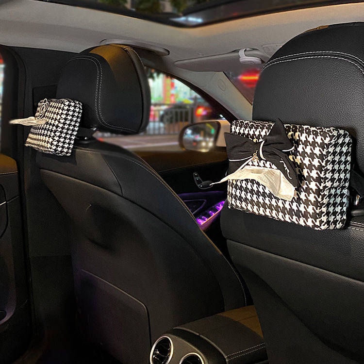 Houndstooth Car Tissue Box Creative Car Interior Car Special Internet Celebrity Hanging Car Drawing Paper Bag Car Interior Design Supplies Female car accessories kJx1
