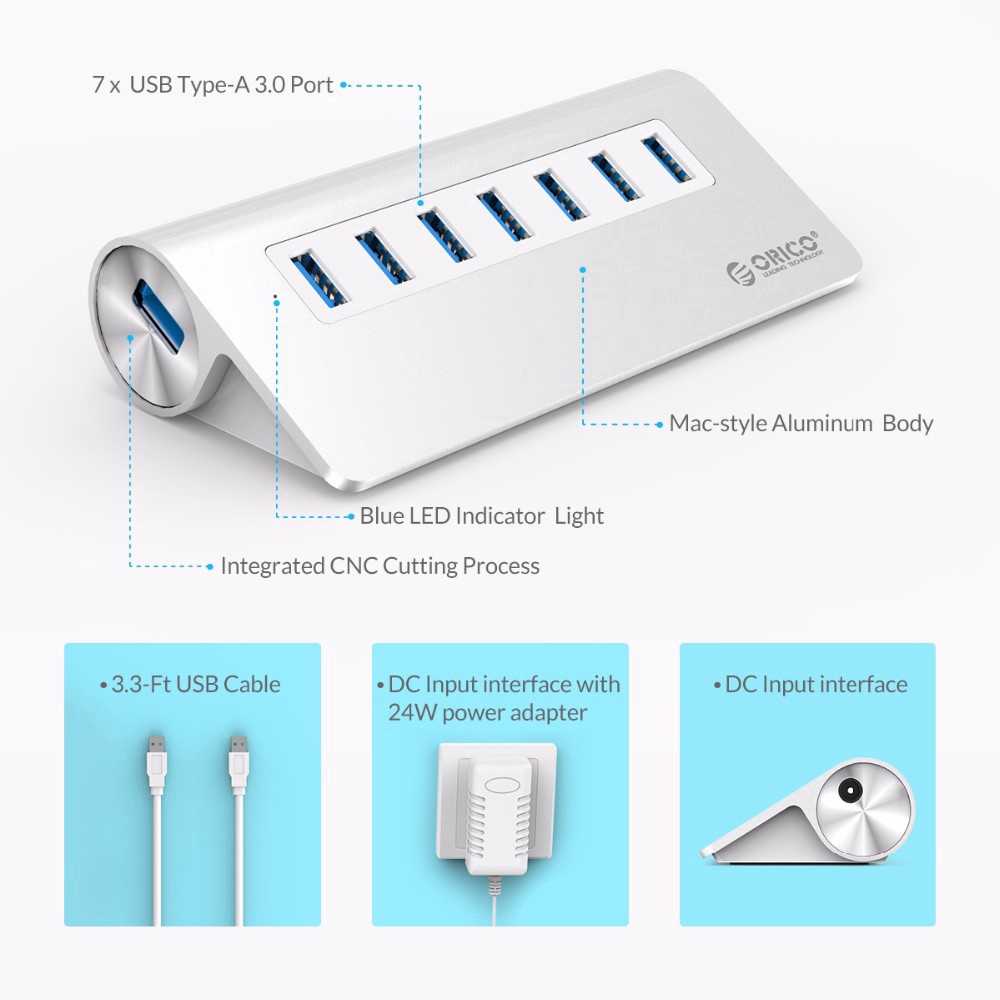 Hub Orico M3h7 7 Cổng Usb 3.0 Siêu Nhanh Chất Liệu Nhôm Với Bộ Đổi Nguồn 12V Và Dây Cáp Dài 3.3ft