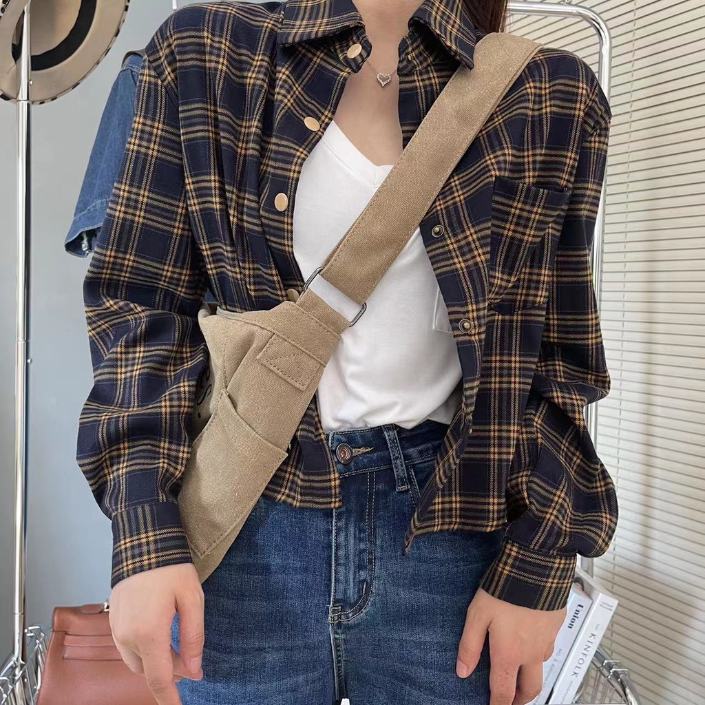 Áo khoác sơ mi SUXI tay dài dáng rộng kẻ sọc thời trang cổ điển cá tính cho nữ