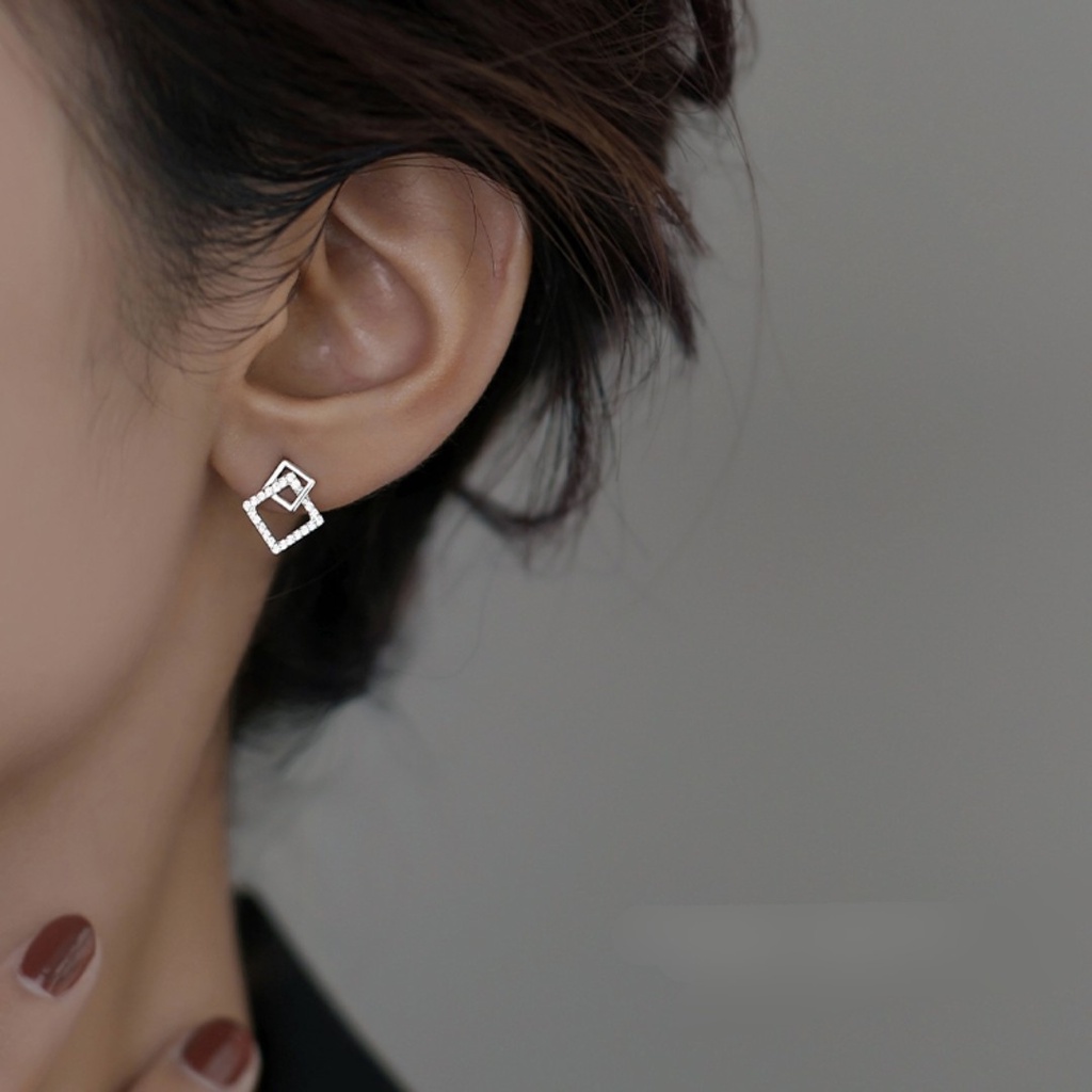 Bông tai bạc nữ DaLiA Jewelry khuyên tai hình vuông lồng vào nhau cá tính hoa tai chuẩn bạc không gỉ an toàn cho da