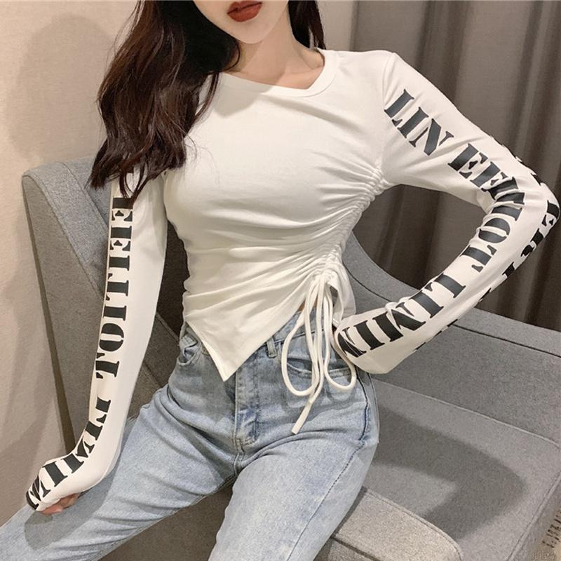 Áo Thun Tay Dài Ôm Dáng Rút Dây In Chữ Phong Cách Hàn Quốc Cho Nữ