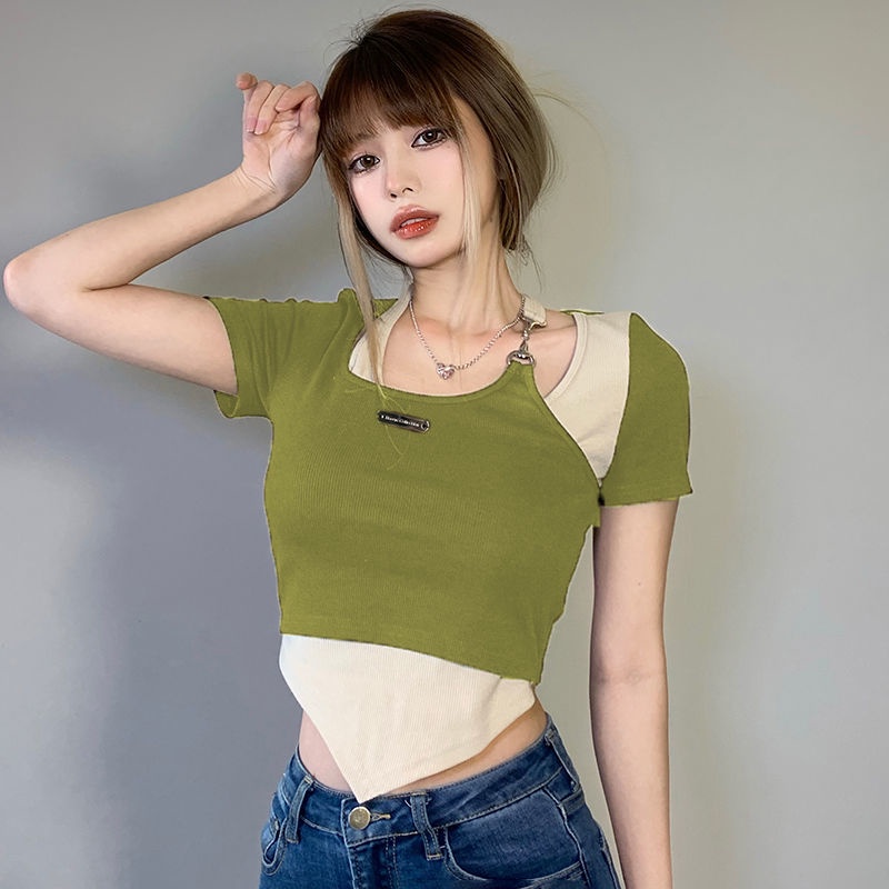Áo Thun Giả Hai Lớp Thiết Kế Không Đồng Đều Màu Sắc Tương Phản Dành Cho Nữ  tao bao