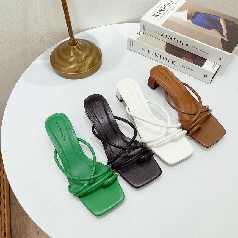 Dép Xỏ Ngón Dây Ống Quai Da Mềm Gót 3 Phân. Guốc Cao Gót Đế Vuông 3 Phân Quai Dây Xỏ Ngón
