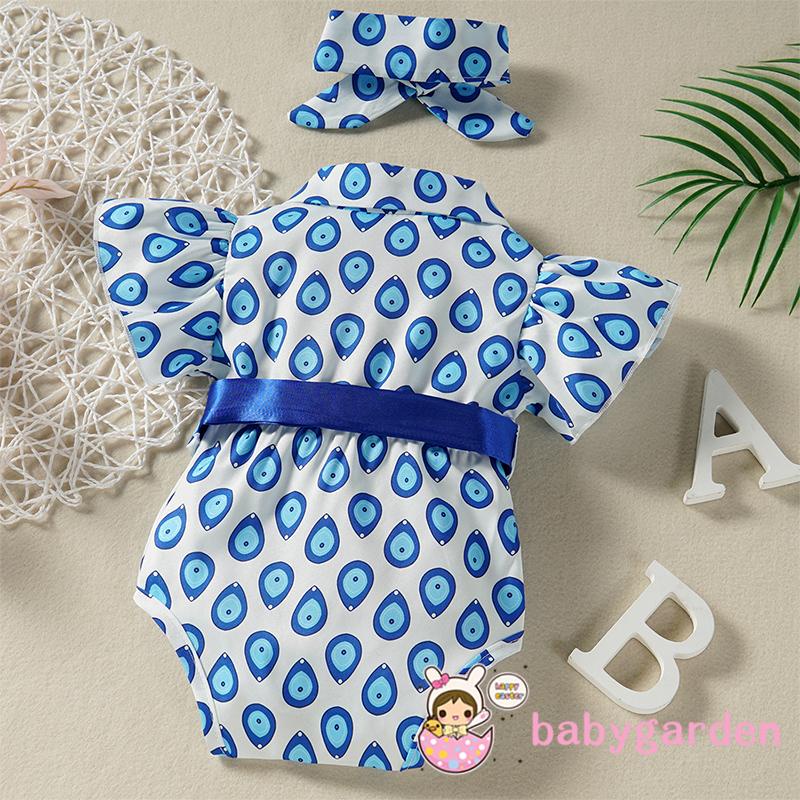 Bộ Áo Liền Quần Tay Cánh Tiên In Họa Tiết Hoa/ Giọt Nước Kèm Băng Đô Dành Cho Bé Gái 0-24 Tháng Tuổi