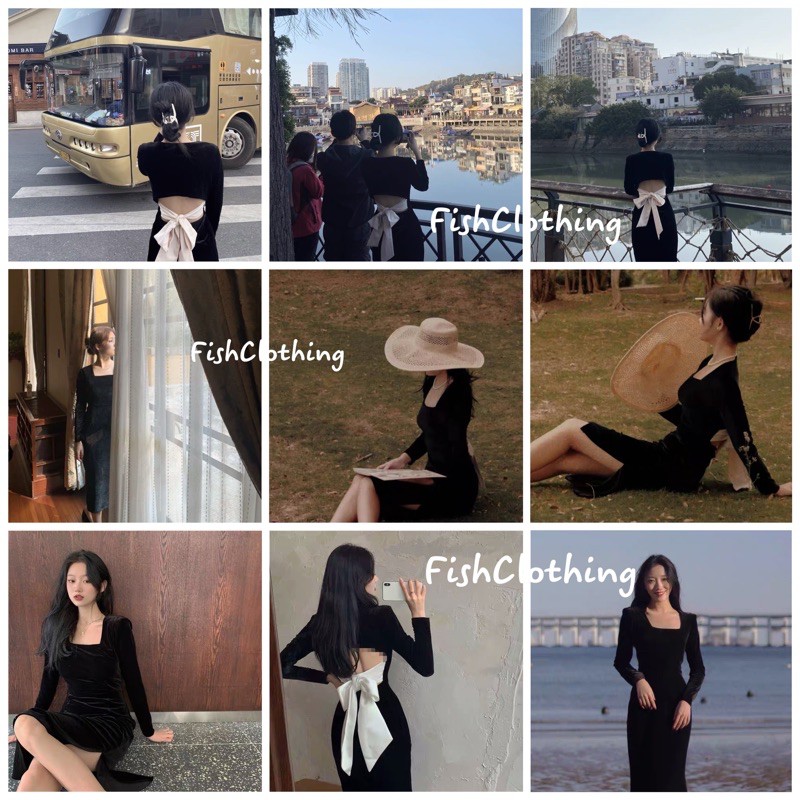 ORDER🖤Váy dự tiệc nhung dài cổ vuông ôm body xẻ đùi hở lưng thắt nơ xinh xắn|Đầm tiểu thư dạo phố có big size S-2XL | BigBuy360 - bigbuy360.vn