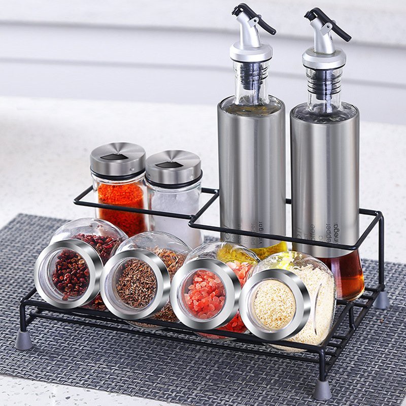 Trọn bộ, set kệ, giá đỡ gồm 8 món lọ, hũ, chai thủy tinh viền inox đựng gia vị, dầu, giấm, sang trọng,