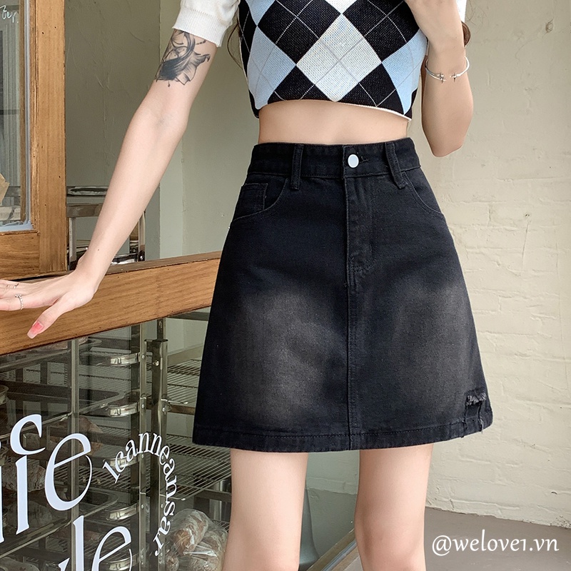 Chân váy jean Chữ a Lưng Cao Màu Xám Đen Phong Cách retro Thời Trang Hàn Quốc Cho Nữ