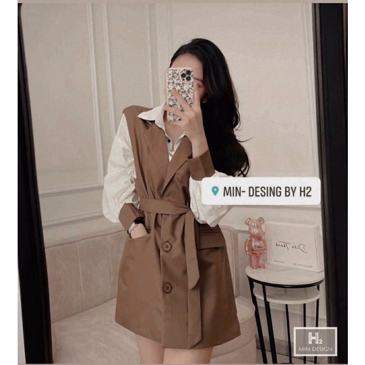 Set 2 món áo sơ mi phối váy kèm đai thắt