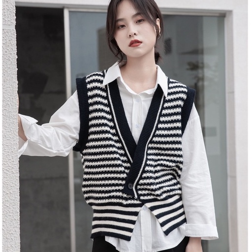Áo Cardigan dệt kim không tay cổ chữ v form rộng họa tiết kẻ sọc phong cách retro | BigBuy360 - bigbuy360.vn