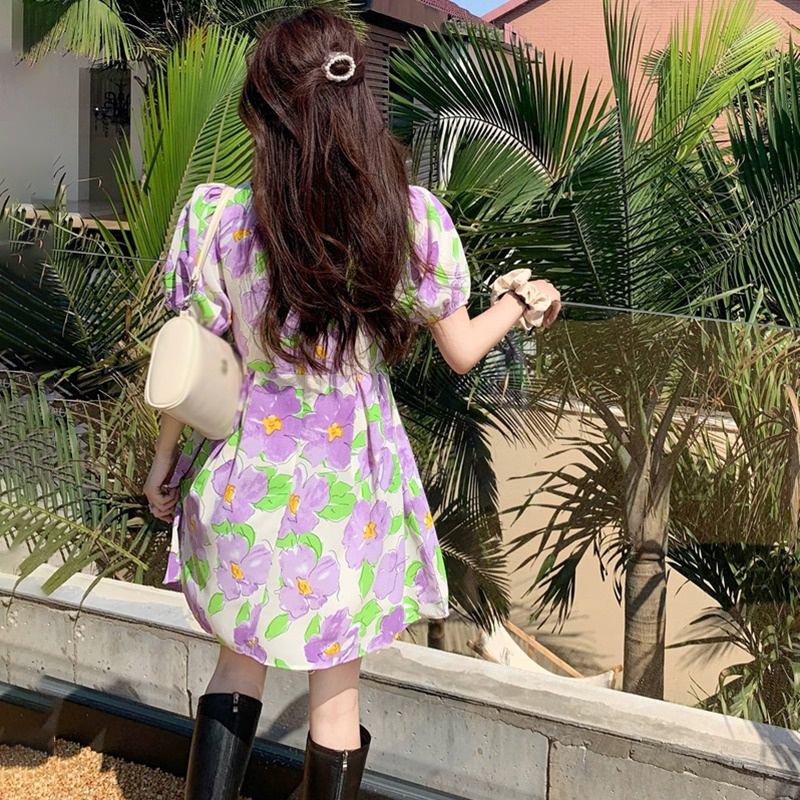 Đầm Tay Phồng Cổ Vuông Họa Tiết Hoa Xinh Xắn Phong Cách Hàn Quốc