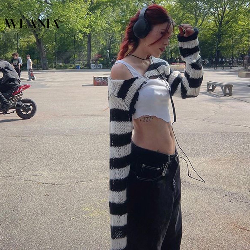 Áo Dệt Kim Dáng Ngắn Họa Tiết Kẻ Sọc Thời Trang Mùa Thu