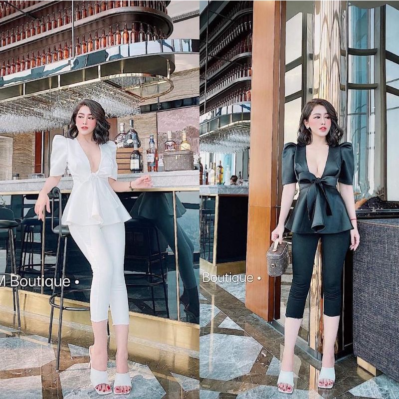 set quần lửng + áo bèo cổ V tay phồng
