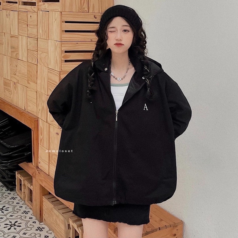 Áo Khoác Kaki Chun Tay Bồng Thêu Logo Chữ A Ulzzang Hot(Ảnh Thật)