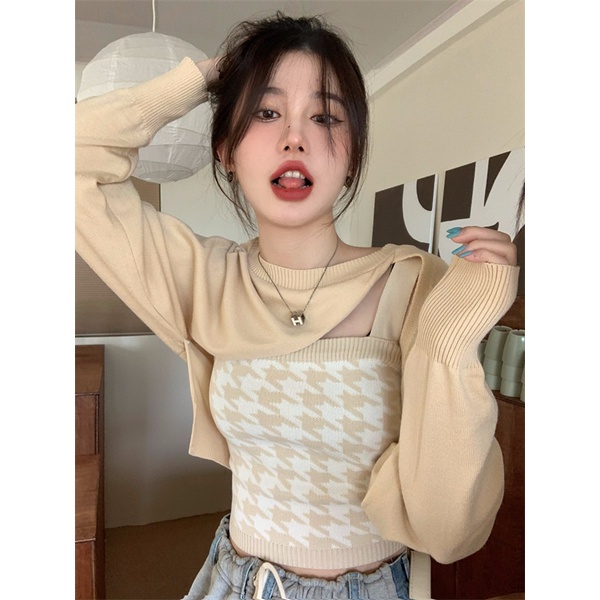 Xiaozhainv  Áo len hai dây họa tiết sọc caro phong cách retro Hàn Quốc cho nữ