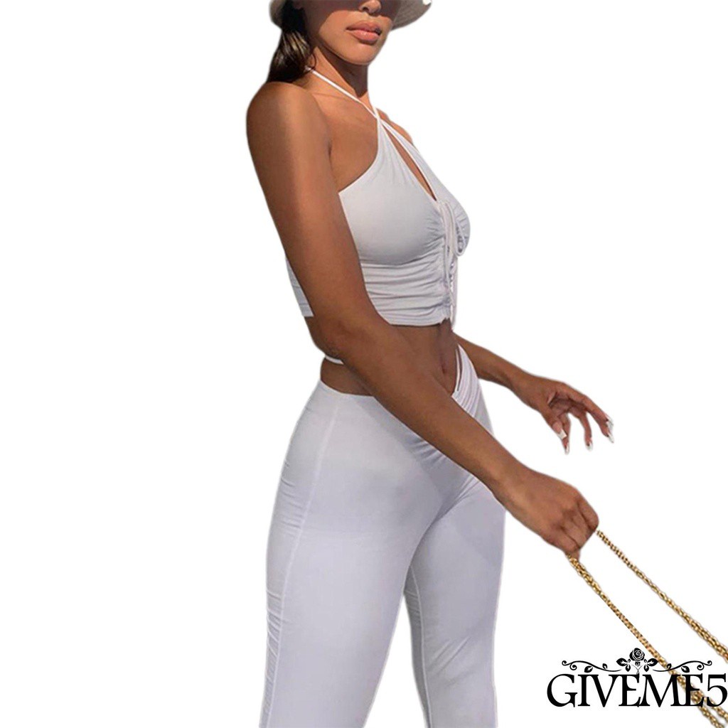 Set Áo Lửng Hai Dây Và Quần Dài Ống Loe Thời Trang Quyến Rũ Dành Cho Nữ