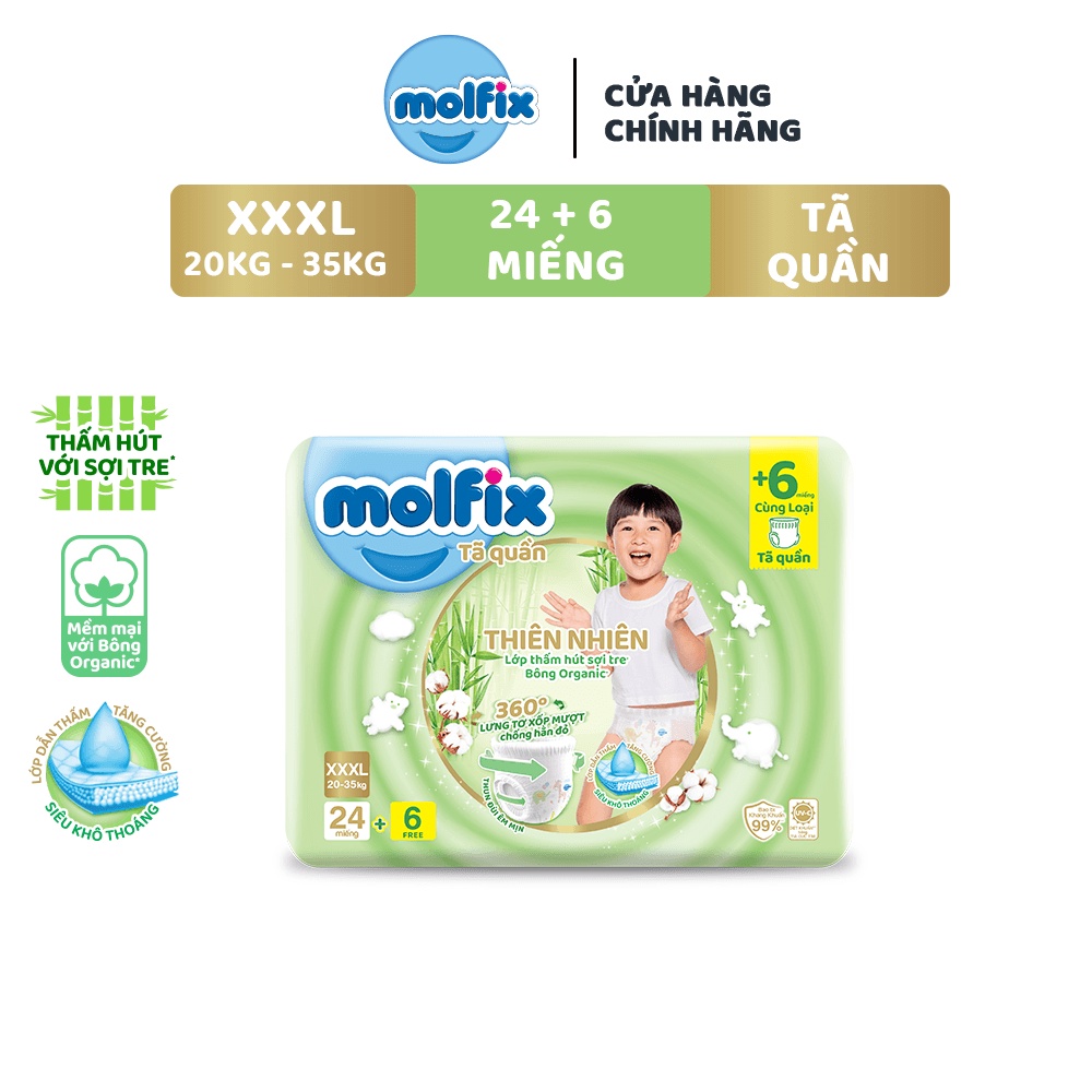 Tã/bỉm quần Molfix Thiên nhiên Jumbo XXXL (20kg 35kg) Gói 24+6 miếng