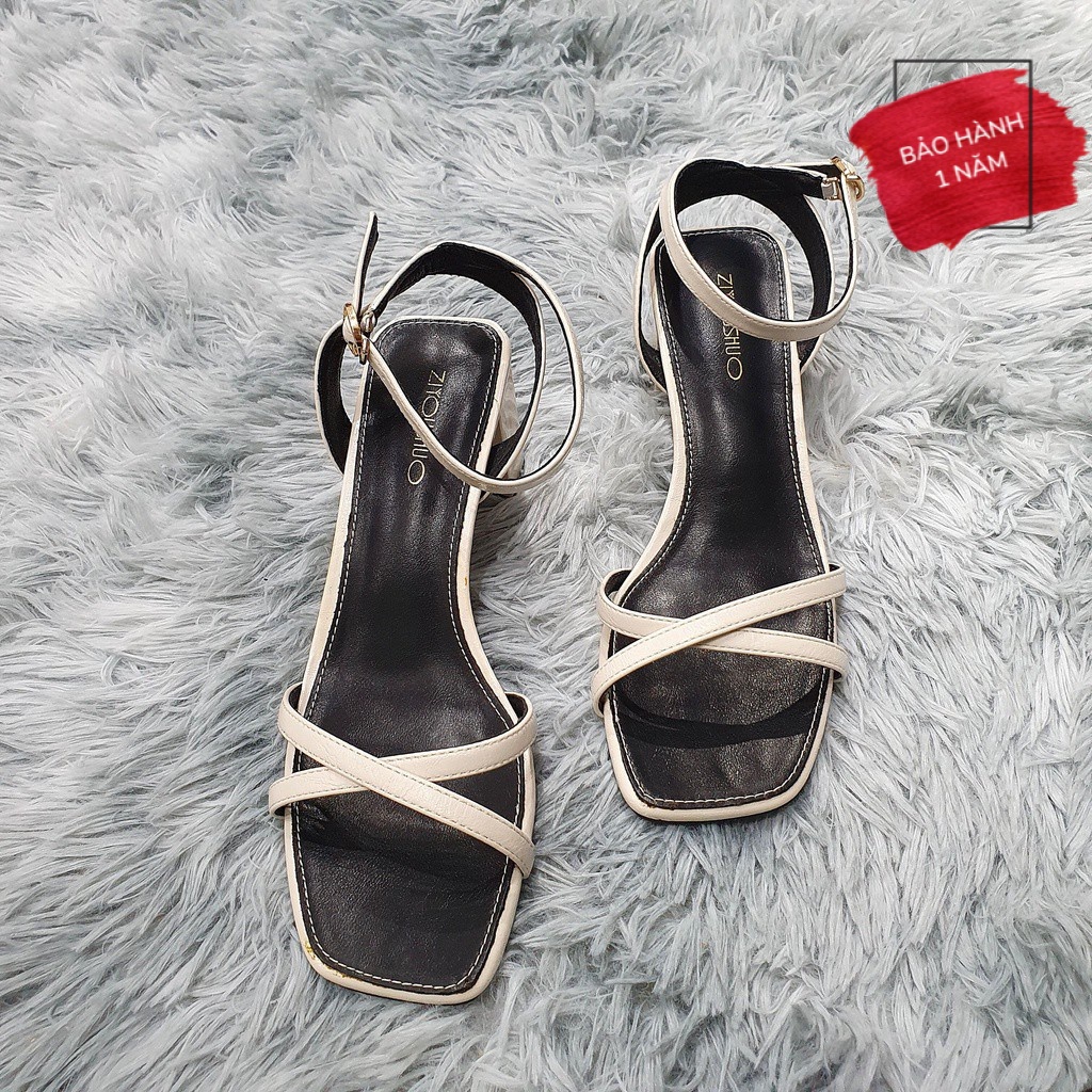 Giày sandal cao gót nữ mũi vuông 7cm màu trắng , đỏ gót dẹp da lì quai mảnh đan chéo 151559 QC cao cấp