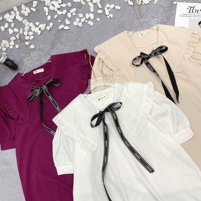 Áo sơ mi nữ cộc tay cổ bèo dây nơ xinh