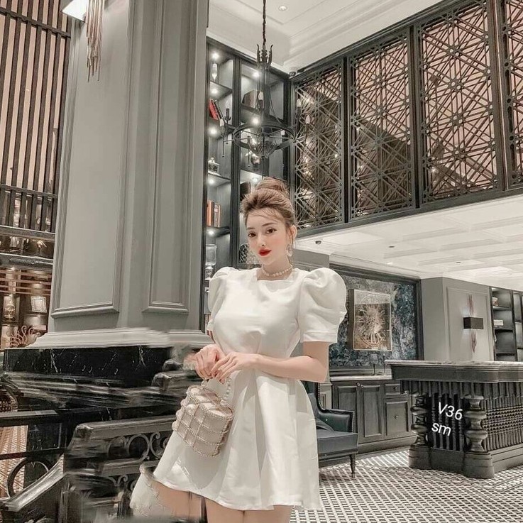 Đầm dự tiệc xòe tay phồng cột nơ sang chảnh LP Fashion