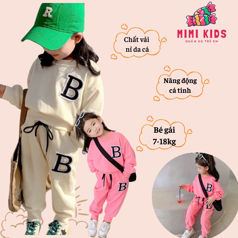 Bộ quần áo phông nỉ dài tay chữ B mùa thu đồng cực xinh cho bé 7-18kg