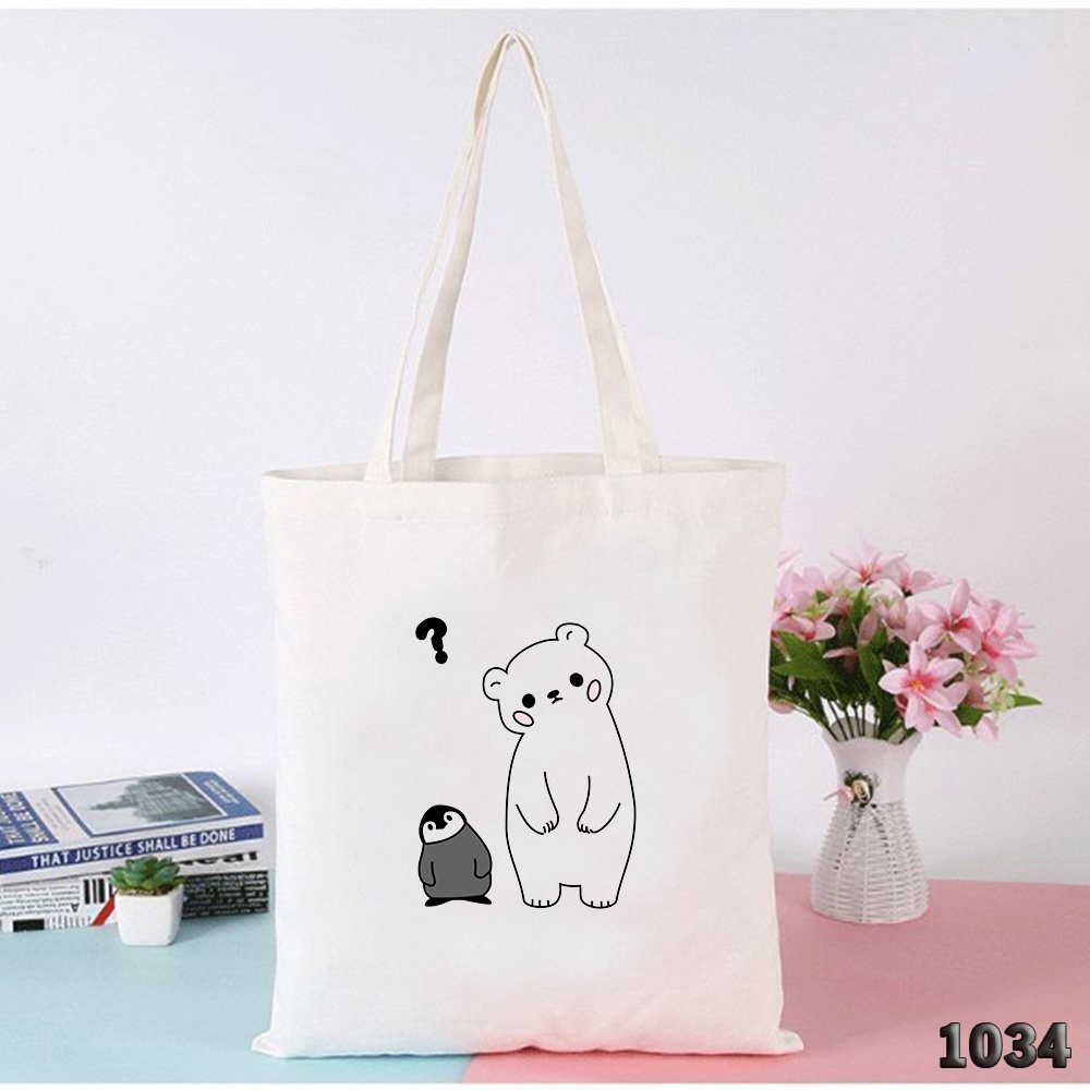 TÚI TOTE TRẮNG CHẤT VẢI CANVAS 507 1034 GẤU VÀ CHIM CÁNH CỤT DỄ THƯƠNG HÀNG CHUẨN ĐẸP