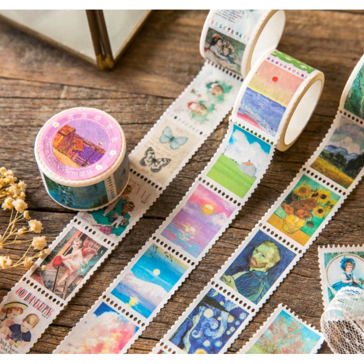 Cuộn stamp stickers/ sticker washi tape nhiều phong cách: cô gái dễ thương, vintage, tranh phong cảnh, tranh Van Gogh