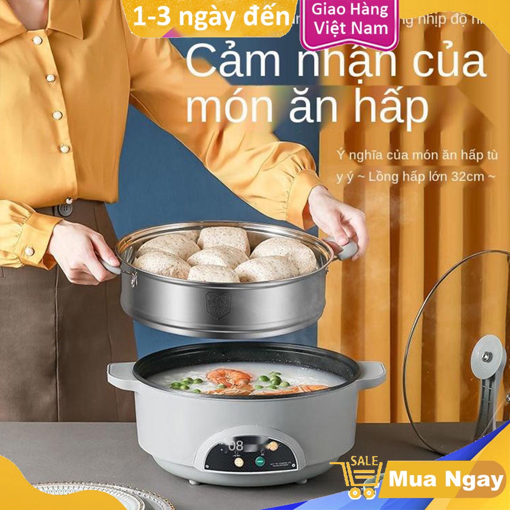 Nồi Điện Hai Tầng Đa Năng Tặng Kèm Khay Hấp Có Thể Chiên, Xào, Nấu Ăn, Nấu Cơm, Nấu Lẩu - Bảo Hành 12 Tháng