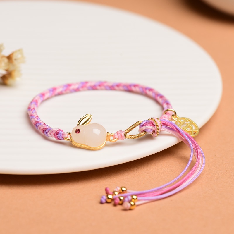 Hàng Mới Về [Hàng Mới Về] Vòng Tay Dây Bện Mặt Hình Thỏ Ngọc Bích Phong Cách Mới Cho Cặp Đôi