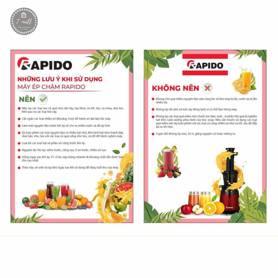 Máy ép chậm trái cây Rapido RSJ150 - Ép hoa quả, ép rau củ, kệt bã, công nghệ Đức - Bảo hành 12 tháng