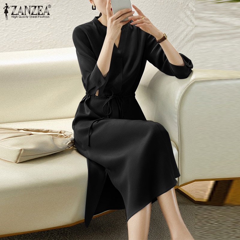Đầm dài ZANZEA cổ chữ V xẻ tà quyến rũ tùy chọn màu sắc dành cho nữ