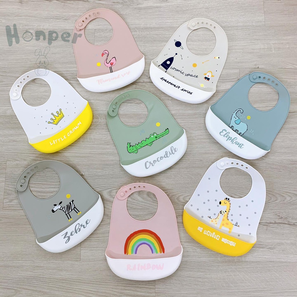 Yếm ăn dặm silicon Honper có máng họa tiết dễ thương cho bé – Lebebee