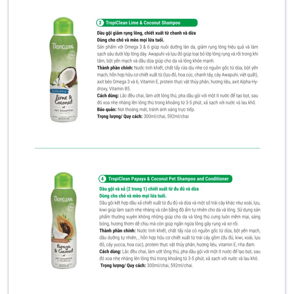 Sữa tắm xả hữu cơ thiên nhiên 2 trong 1 dành cho chó mèo Tropiclean 355ml