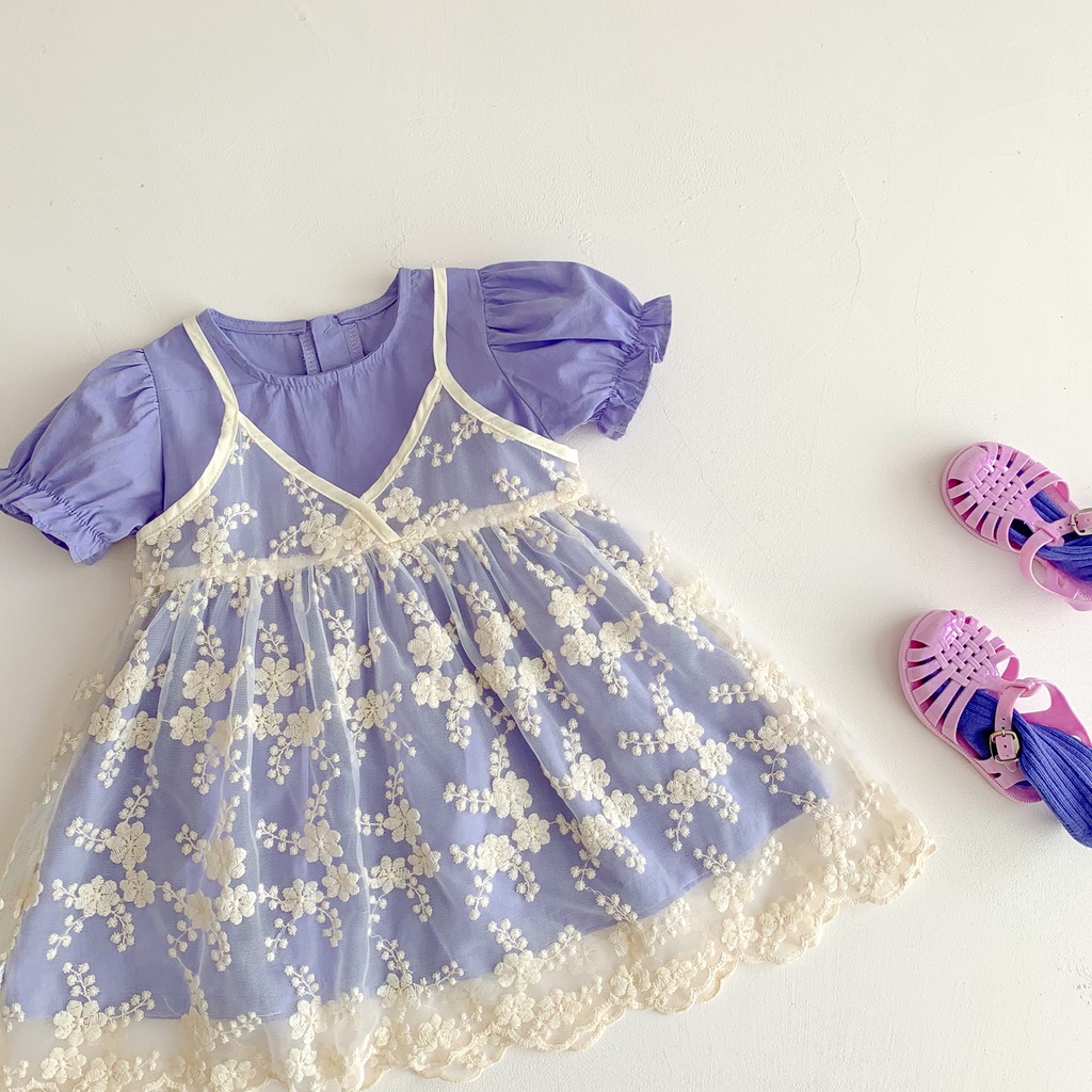 Bộ Đầm 2 Món Tay Ngắn Phối Lưới Thiết Kế Dễ Thương Cho Bé Gái Từ 1-5 Tuổi