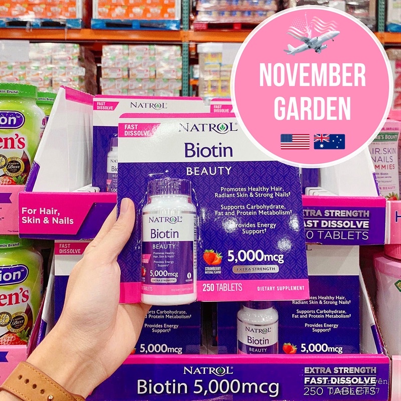 Viên mọc tóc móng chắc khoẻ Natrol Biotin Beauty 5000mcg Extra Strength 250 viên [Air Mỹ Date Mới]
