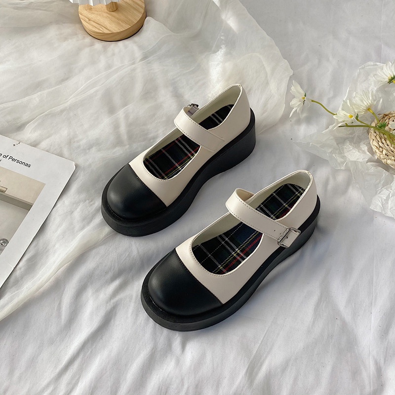 Giày Lolita Nữ Ulzzang Hàn Quốc Mũi Đen Trắng Quai Ngang Đế Cao LLT003-ZOEE