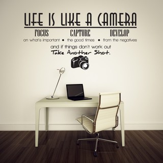 Giấy decal dán tường chữ "Life is like the camera" [T0004]