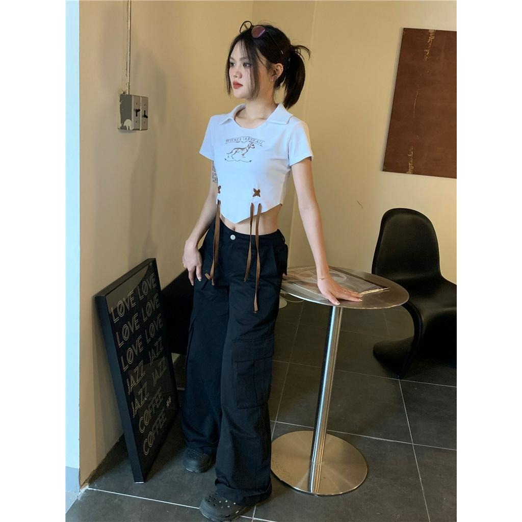 Áo polo Ngắn Ôm Eo In Họa Tiết Kiểu Mỹ 3 Màu Tùy Chọn