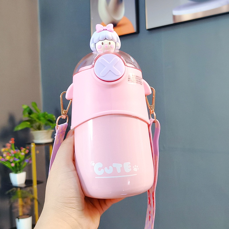 Bình nước giữ nhiệt bằng thép không gỉ 316 kèm ống hút họa tiết hoạt hình dễ thương cho bé 480ml