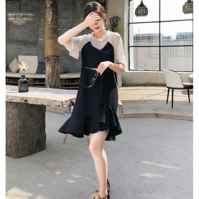 Váy xuông đen phôi tay voan bi | BigBuy360 - bigbuy360.vn