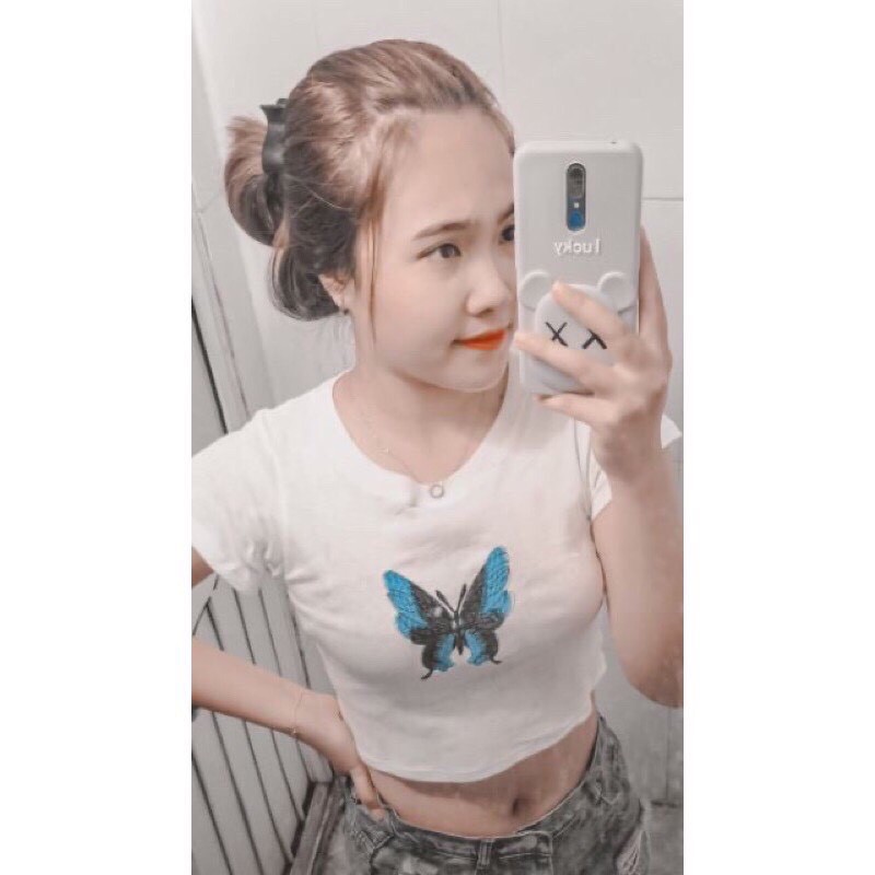 Áo croptop ngắn tay fom ôm cổ tròn họa tiết BƯỚM NHỎ basic chất thun bozip mềm mịn croptop phong cách cực mát cho mùa hè