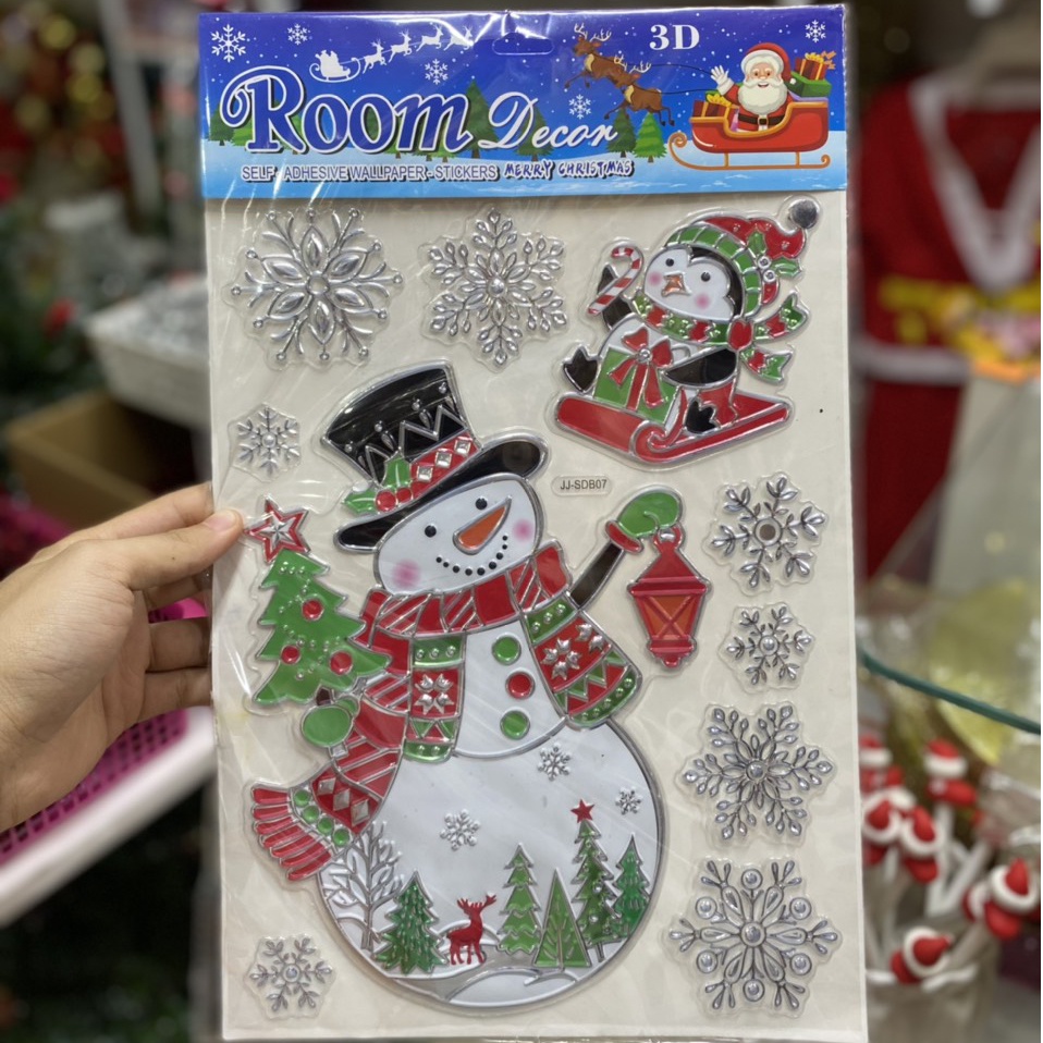 Decal Sticker nổi 3d Giáng sinh phát sáng 40cm x 25cm dán tường, kính trang trí Noel (mẫu 2)