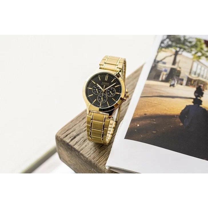Đồng hồ Nữ Casio LTP-V300G-1AUDF, đồng hồ chính hãng, dây vàng mặt đen, 6 kim